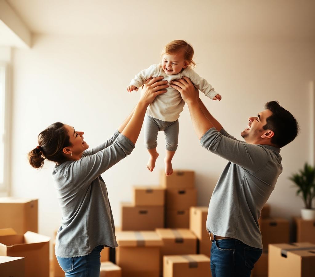 Parents lifting their child in their new home