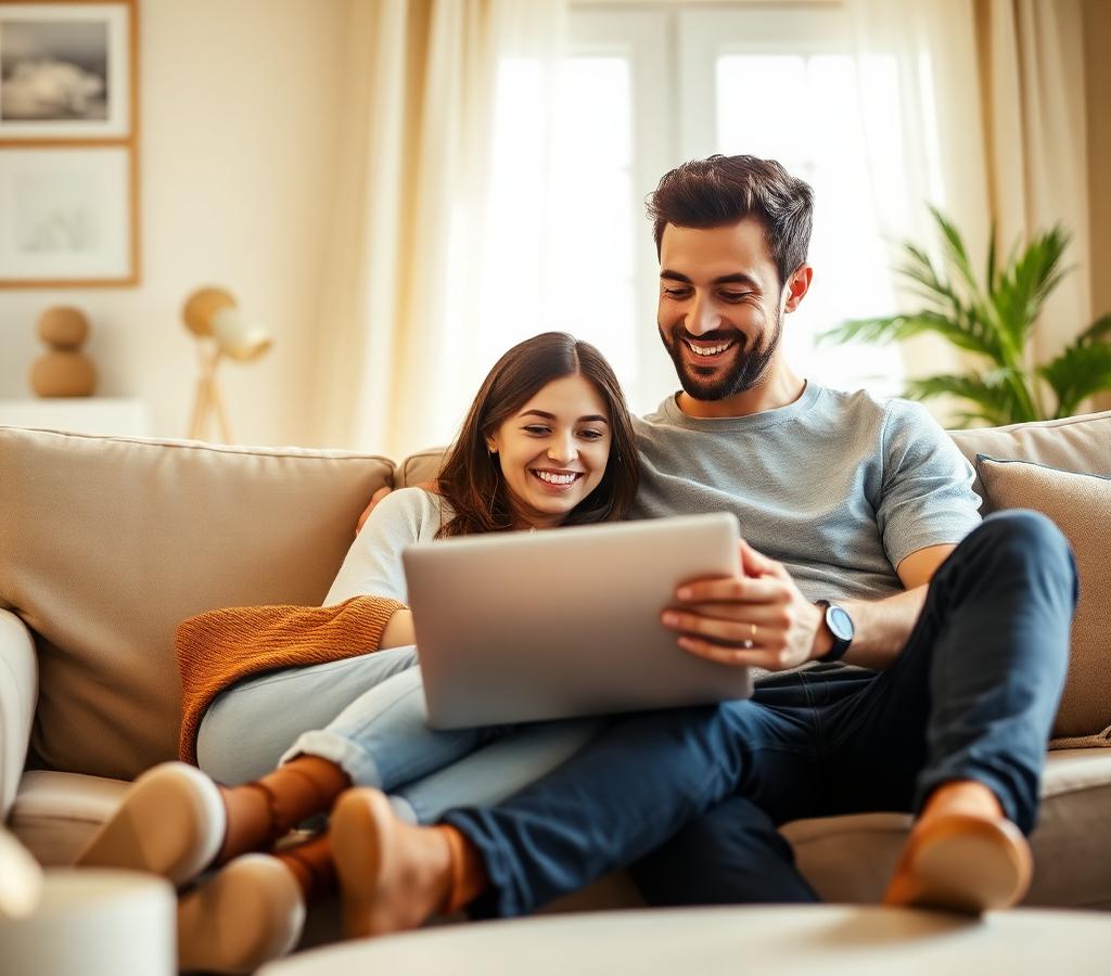 Couple reviewing mortgage options on a laptop at home