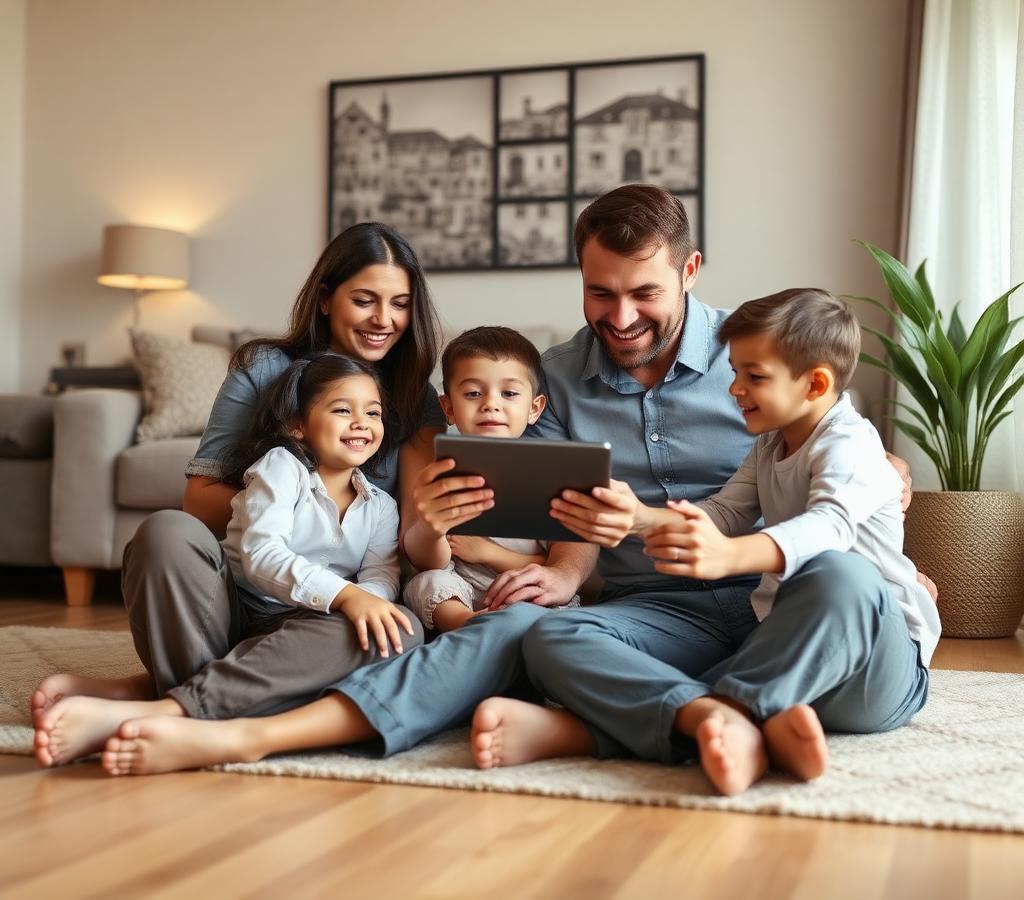 Family choosing a new home together on a tablet