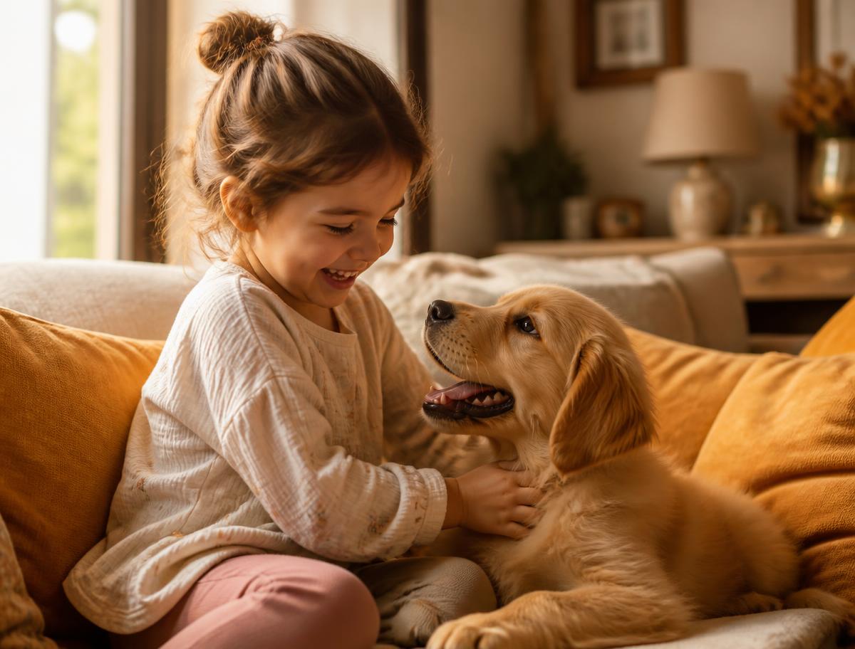 Child playing with a golden retriever puppy at home